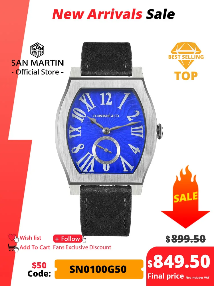 San Martin 36mm ETA 7001 Guilloche Dial Barrel Shaped Enamel Hand Luxury Men's Mechanical Watch Manual Winding Waterproof SN0100