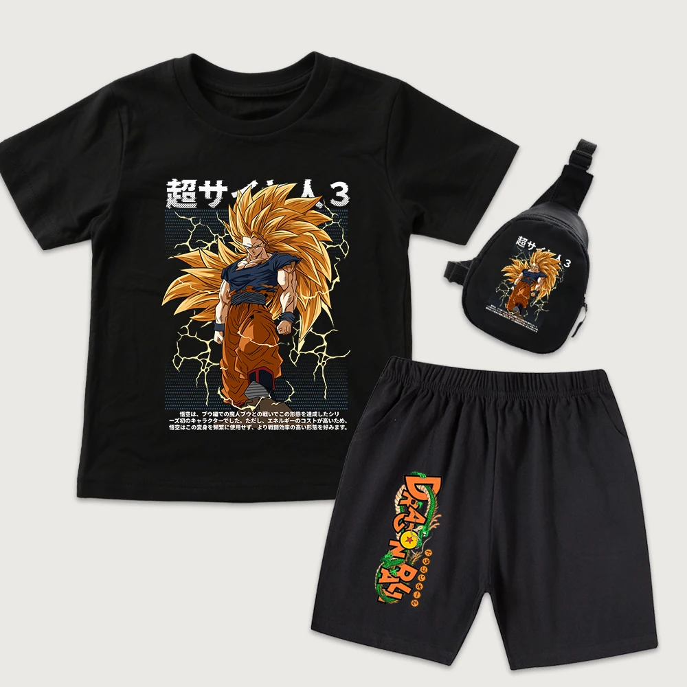 DBZ Goku SS3 Anime Print Kids Cotton T Shirt Shorts Mini Chest Bag 3Piece Set Casual Outfit for Boys Girls Daily Wear