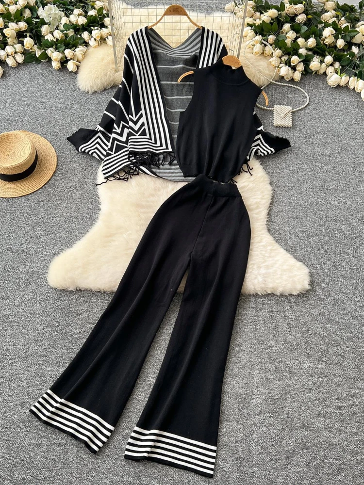 New Spring Autumn Knitted suit for women 3 pieces outfit set High Neck Vest Cardigan Coat Pants Temperament sets Women Clothing