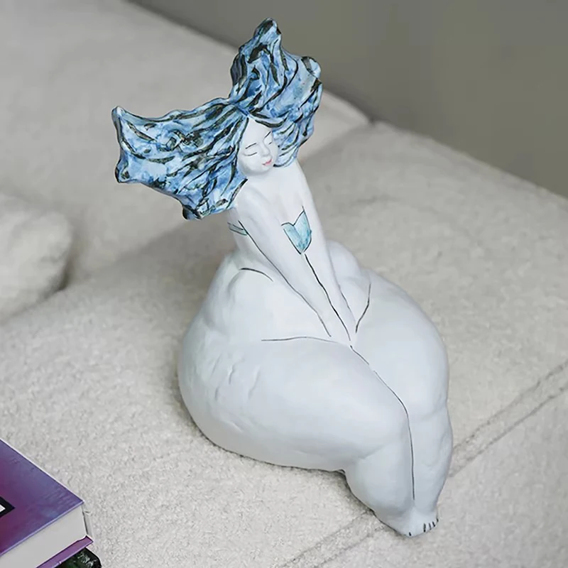 Home Decor Handmade Abstract Figure Seaside Blue Girl Statue Ceramic Sculpture Porch Creative Art Decoration Handicraft Ornament
