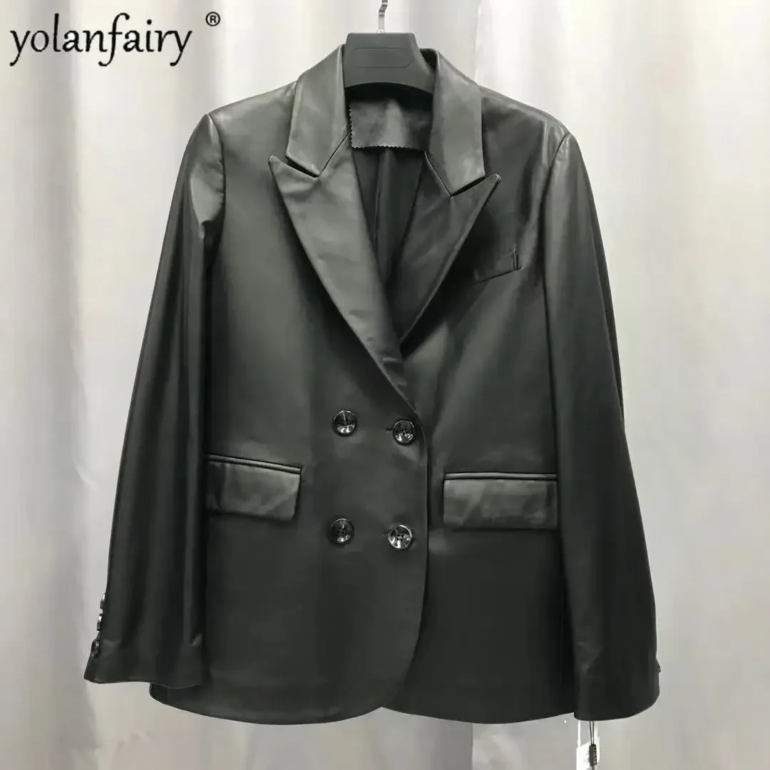 Veste en cuir véritable imbibée pour femme, manteau en peau de mouton pour femme, double boutonnage, vêtements en cuir naturel, mode féminine, printemps, nouveau, 2023