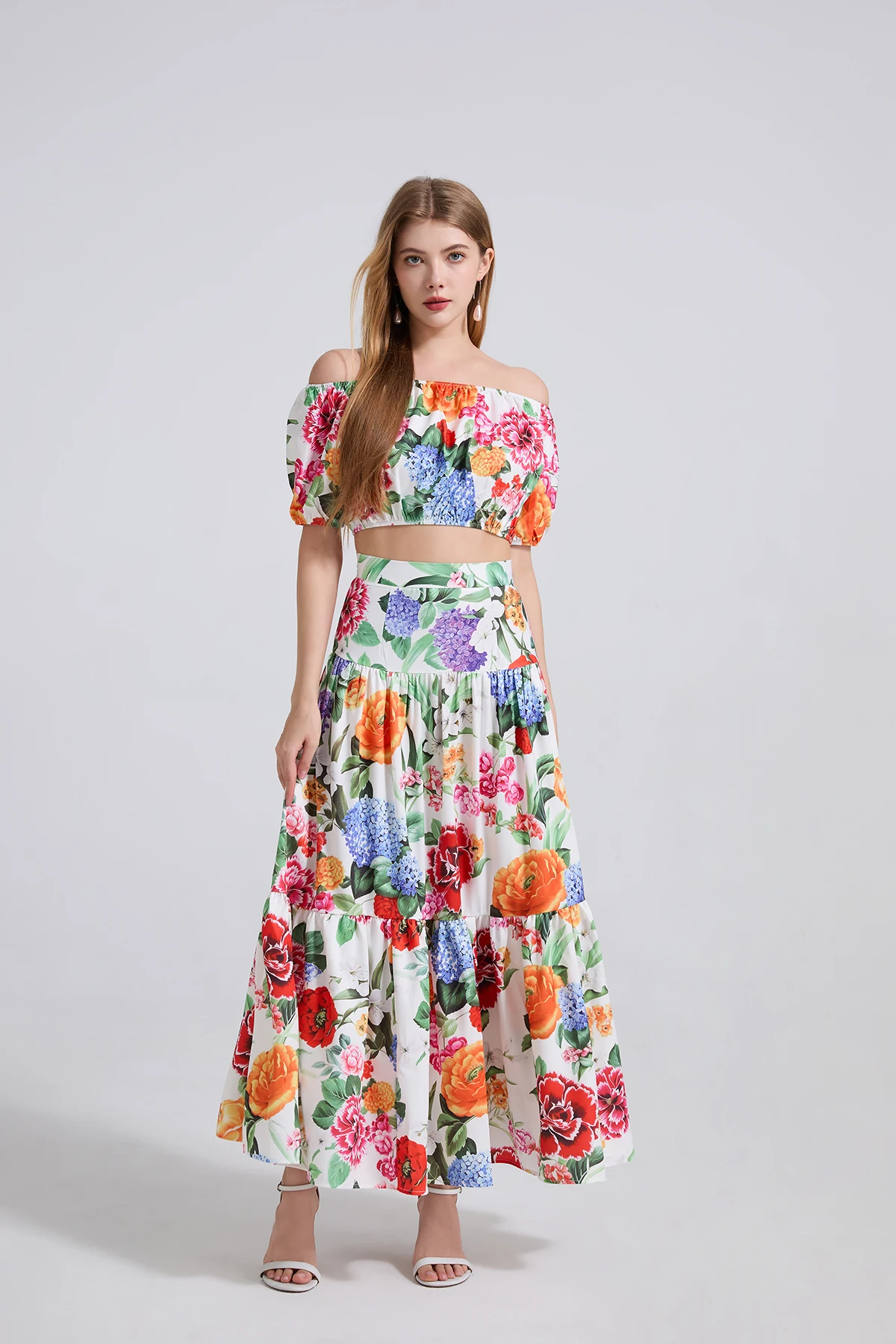 JAMERARY setelan wanita dua potong seksi motif bunga desainer merek Runway musim panas rok Maxi panjang atasan potong leher Slash