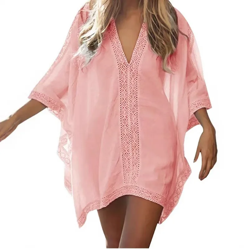 Women's Rayon Beach Cover Up with Lace Trim Lightweight Summer Swim Cover Up for Bikini Beach Dress Plus Size Sarong Style