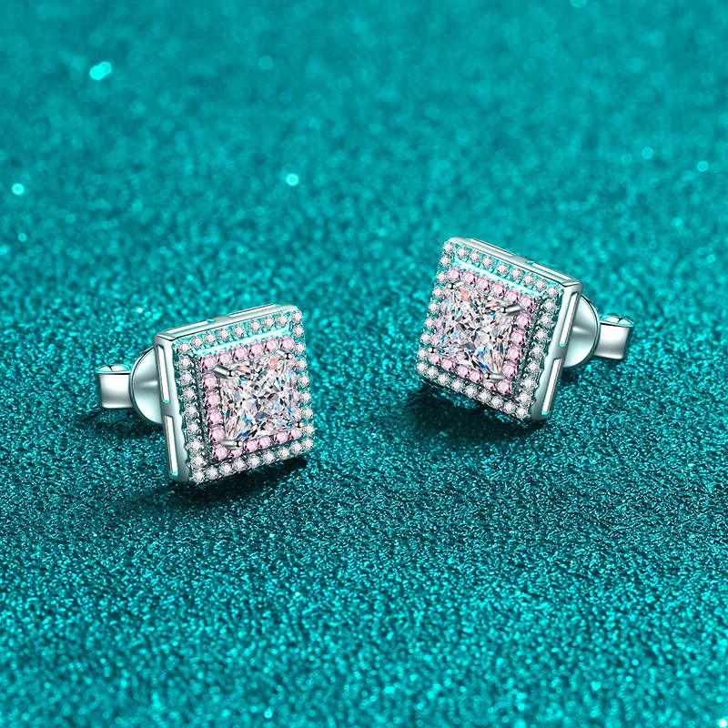 18K gold earrings sugar cube 1carat  moissanite earrings plated with pt950 platinum points rose gold fashion personality