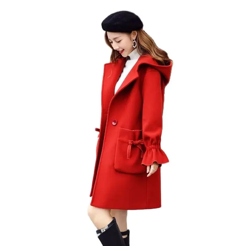 Red Woolen Coat 2023 New Autumn Winter Jacket Medium Long Hooded Pocket Korean Woolen Windbreaker Outerwear Casaco Feminino