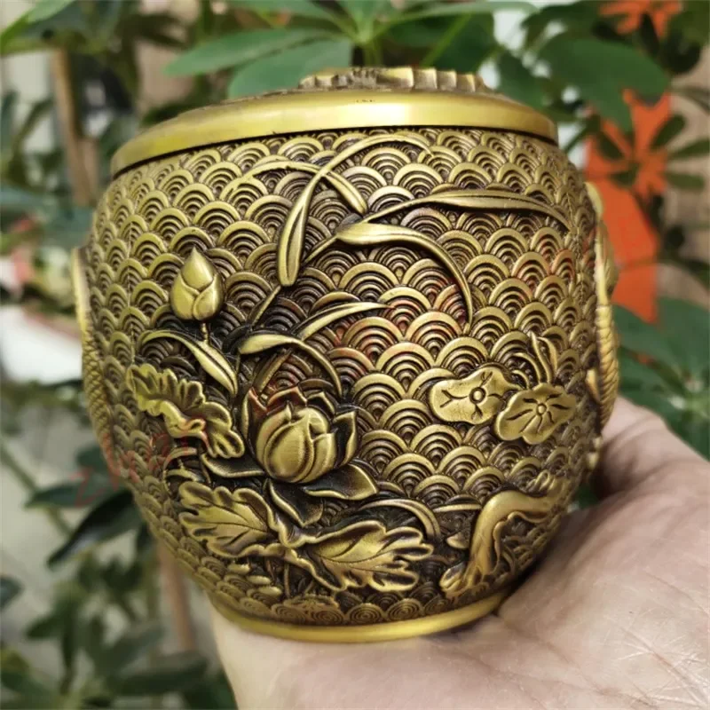 Brass lotus leaf fish pond tea pot, storage pot, exquisite household handicraft ornaments, auspicious ornaments