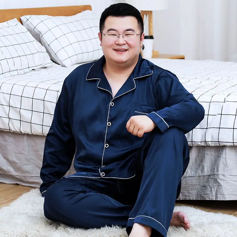 Large Size Pajamas Men Ice Silk Long Sleeve Summer Set Plus Fat Silk Thin Home Clothes 300 Pounds Simple and Comfortable