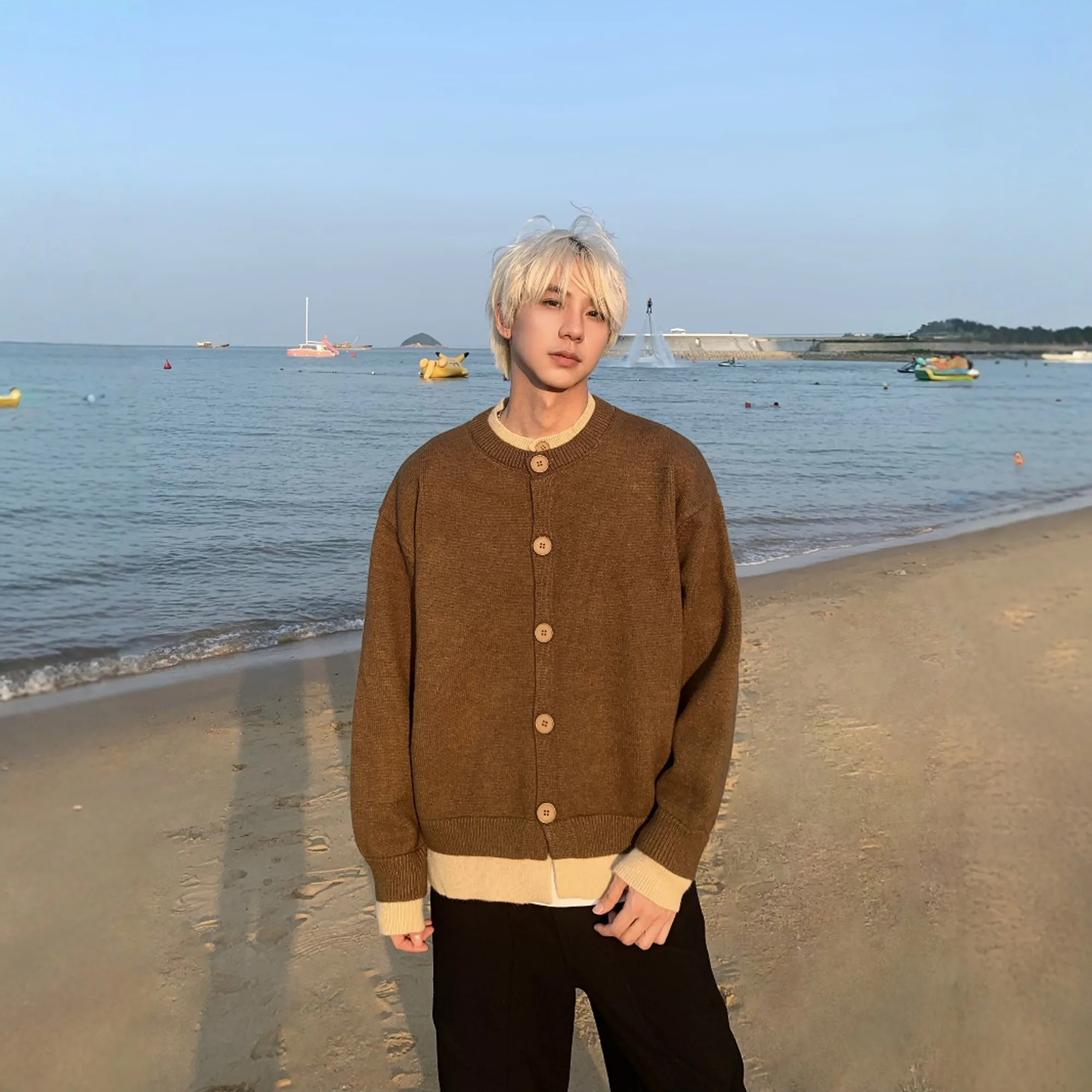 

Мужской вязаный кардиган-пальто: модный корейский винтажный свитер с длинным рукавом и круглым вырезом для осени и зимы, теплый, молодежный, размер M