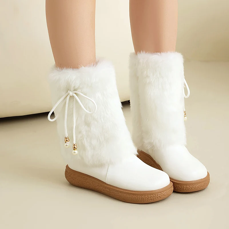 

Ботинки до середины икры со шнуровкой и бантом на боковой молнии на плоском каблуке, толстая подошва, увеличивающие рост, зимние зимние сапоги из искусственной кожи с фланцем на меху