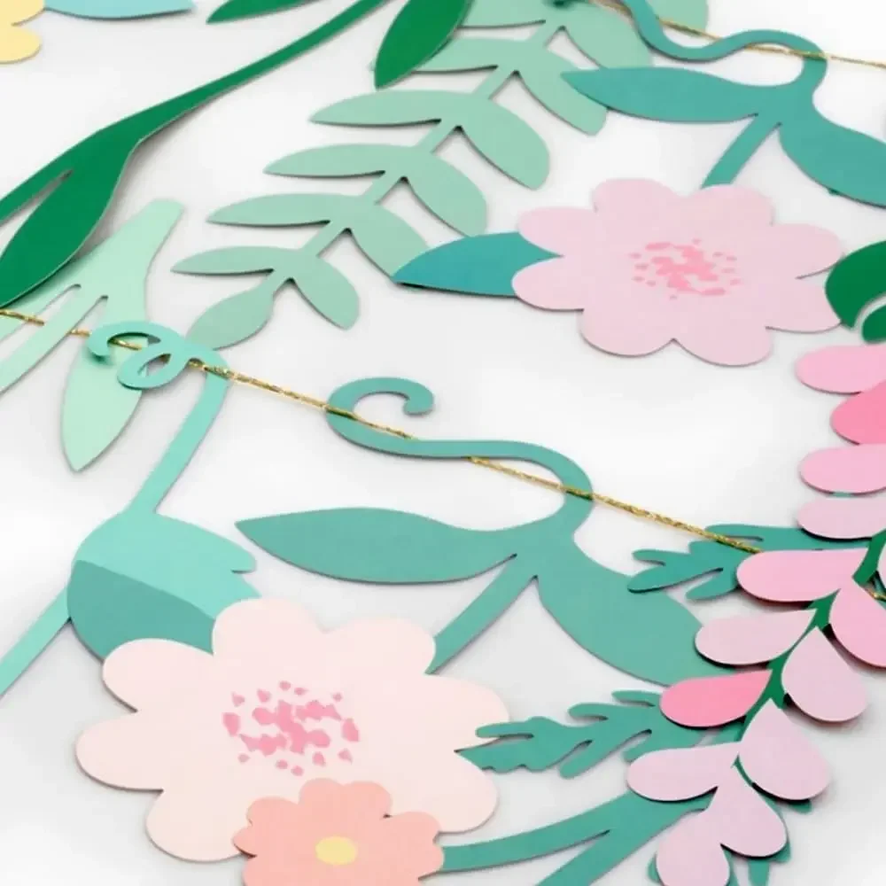 INS Kids Vintage Flower Happy Birthday Garland Paper Leaves Flower Flag Hanging Festive Party Backdrops Decoration  photography