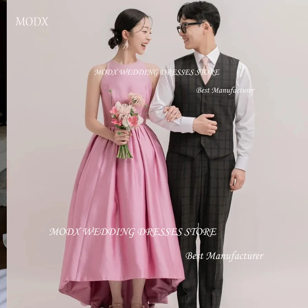 MODX Abito da sposa alto basso in raso colorato da sogno Nuovo design senza maniche A Line Back Lace up Semplici abiti da ballo da sposa