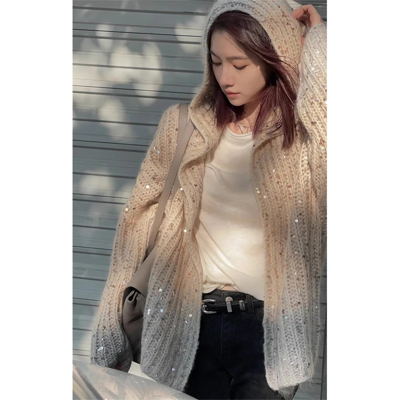 MEXZT Elegant Hooded Knitted Cardigan Women Sequin Sweater Coat Streetwear Oversized Knitwear Korean Loose All Match Jumper Tops