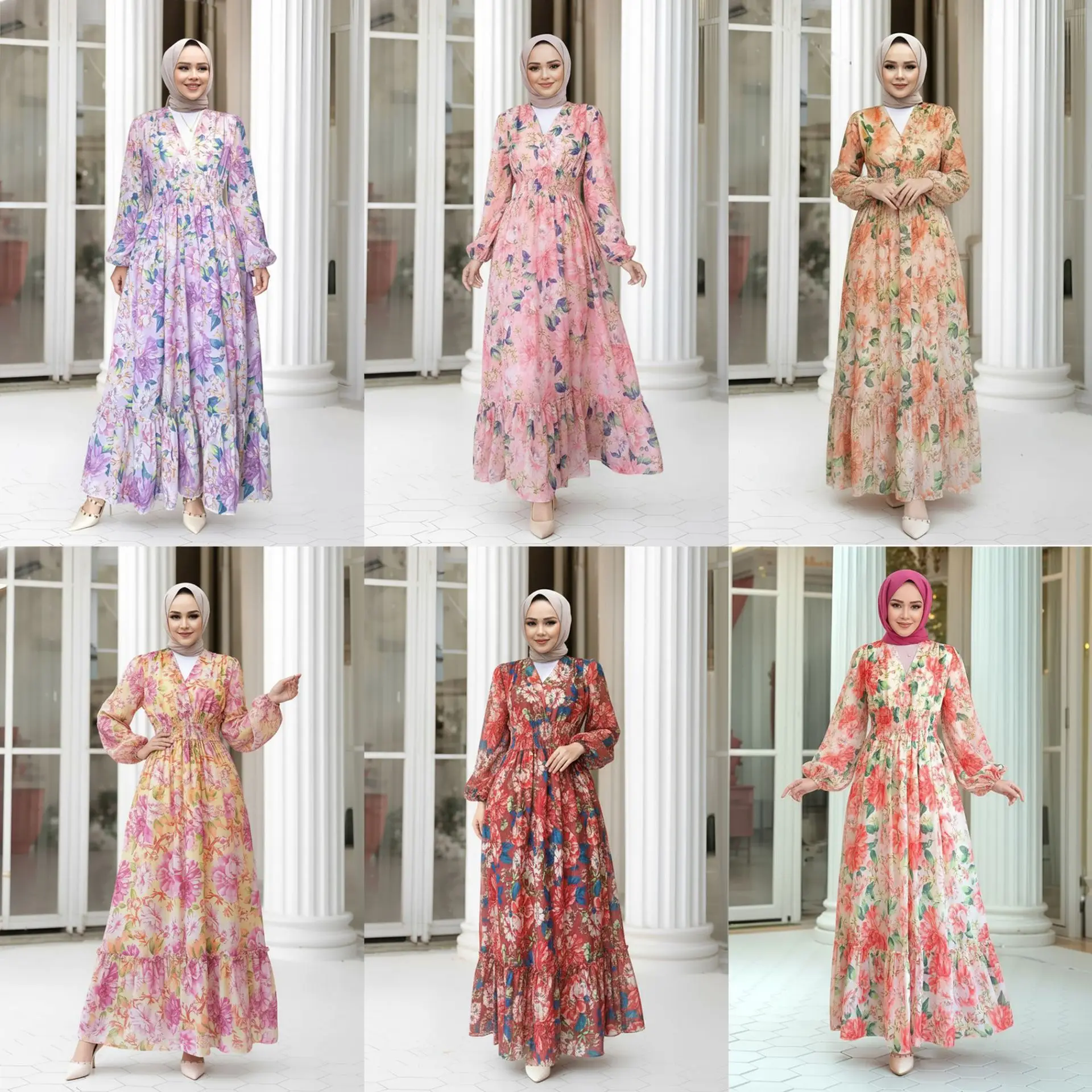 

2026 Middle East women's new Muslim dress with V-neck printed lantern sleeves and large swing long skirt