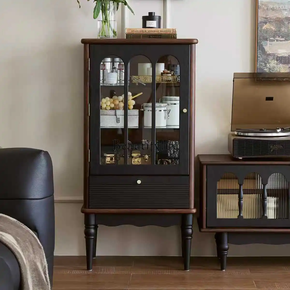 

American retro glass door solid wood wine cabinet living room home French locker