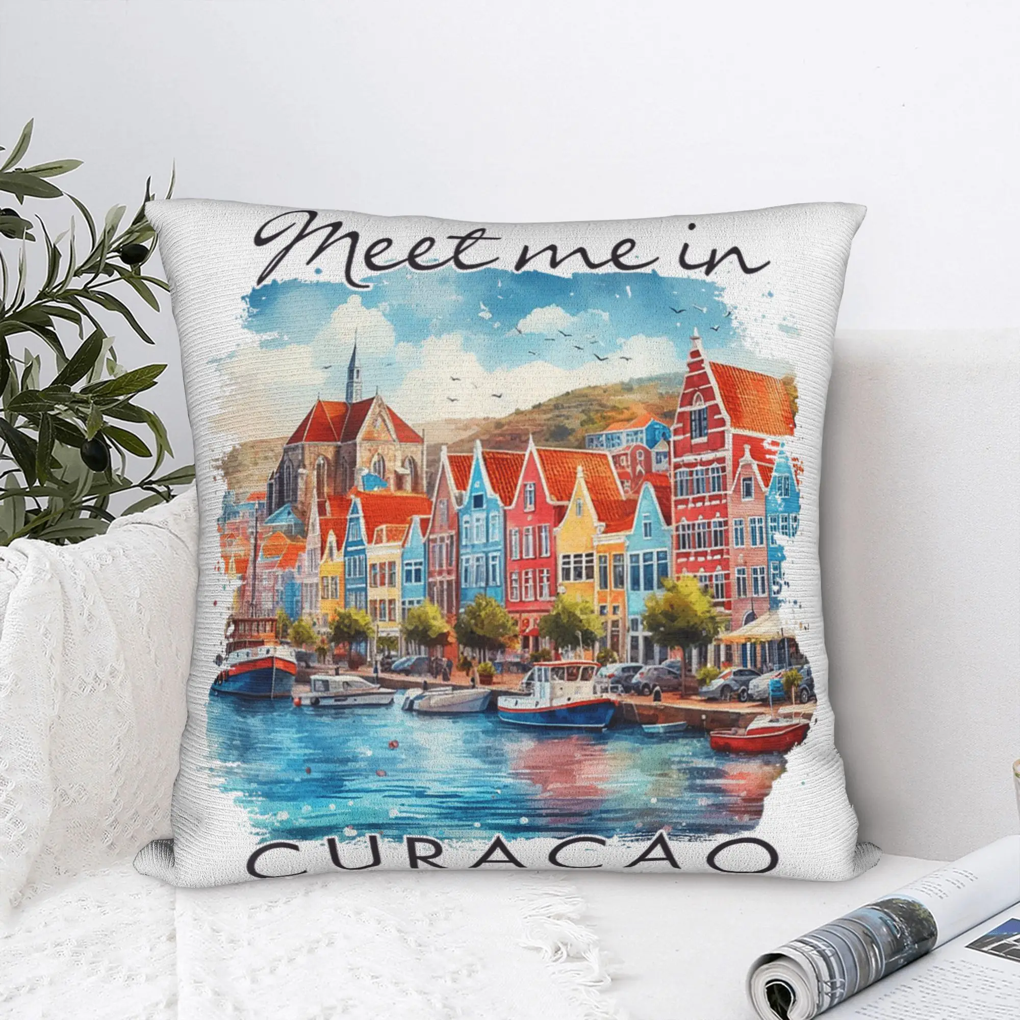 Funda de Almohada con Estampado 'Meet Me in Curacao Islands', Funda de Cojín de Tela, Regalo de Viaje, Funda Decorativa para el Hogar, Dropshipping