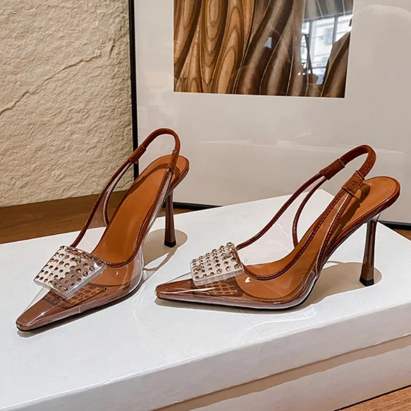 

New Fashion PVC Transparent Thin Heels Sandals Women Pumps Slingback Point Toe Party Shoes Woman Summer Gladiator Sandals Woman