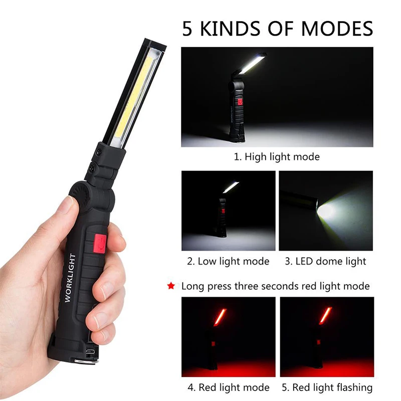 Car Repair LED Working Lamp Flashlight COB Torch Built-in Battery Flash Light Tail Magnet Portable USB Rechargeable Work Light