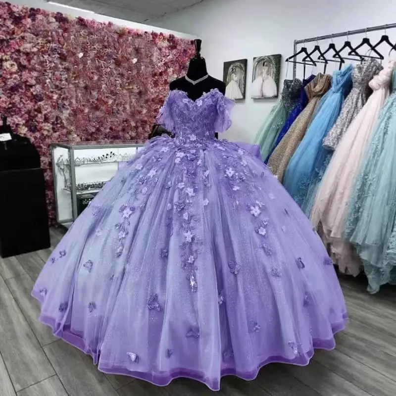 Off Shoulder Colorful Gauze Wedding Dress Evening Gown Three-dimensional Decal Birthday Party Princess Adult Gown Customized