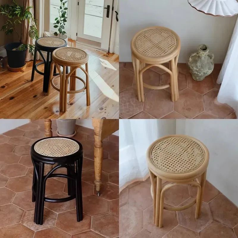 Rattan Small Round Stool Silent Retro Modern Minimalist Home Furniture for Living Room Cafe Homestay