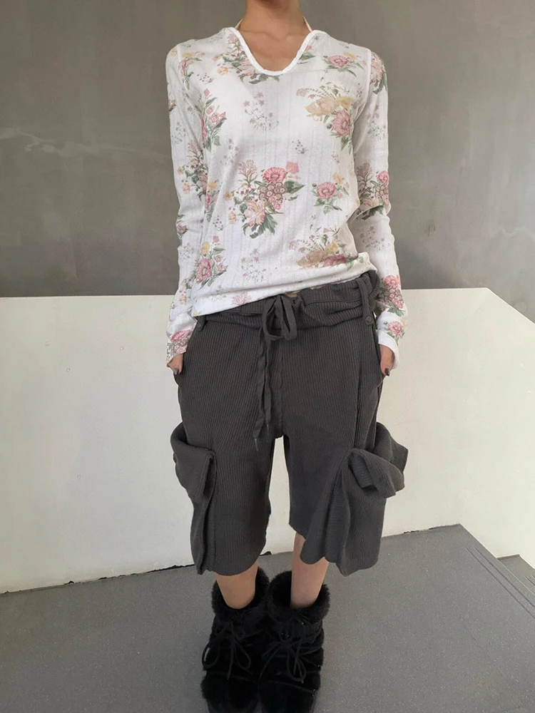 REDDACHiC Women Rolled Waist Cargo Shorts Retro Gray Waffle Pattern Big Pockets Wide Bermuda Pants Summer Alternative Clothing