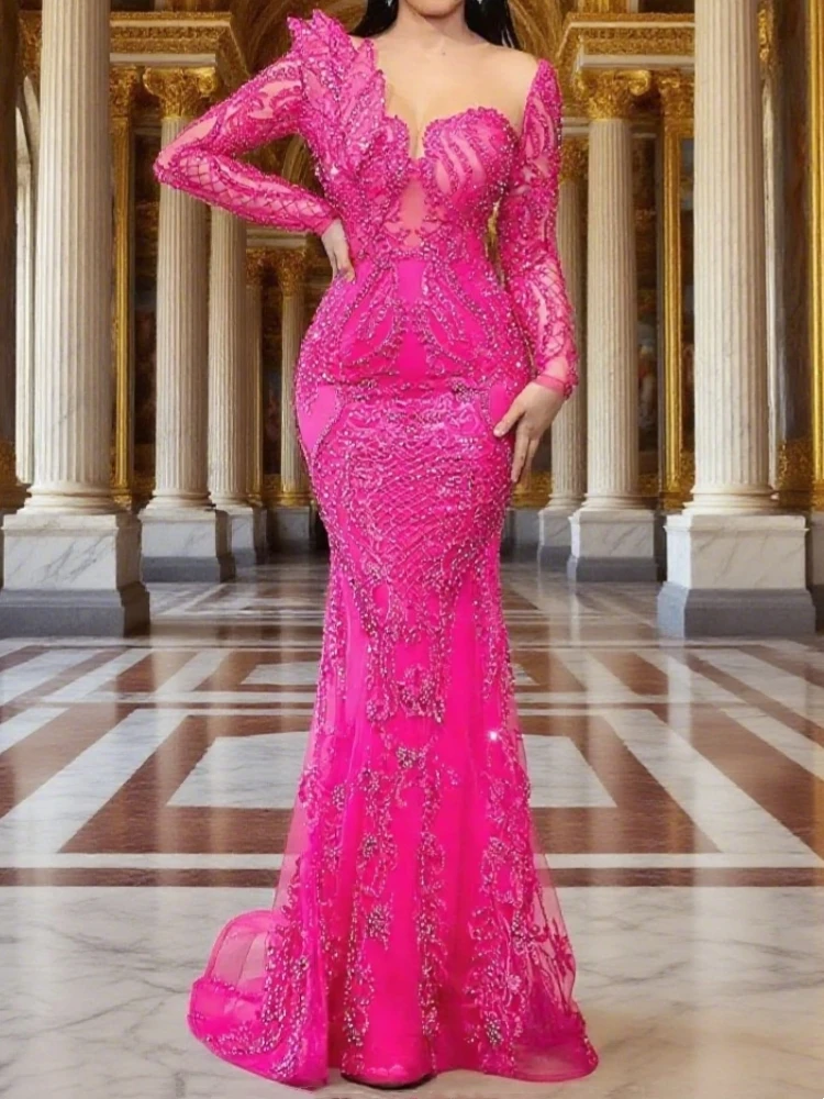 

arabic Pink lace beaded evening dresses mermaid sheer neck prom dresses long sleeves formal party reception gowns