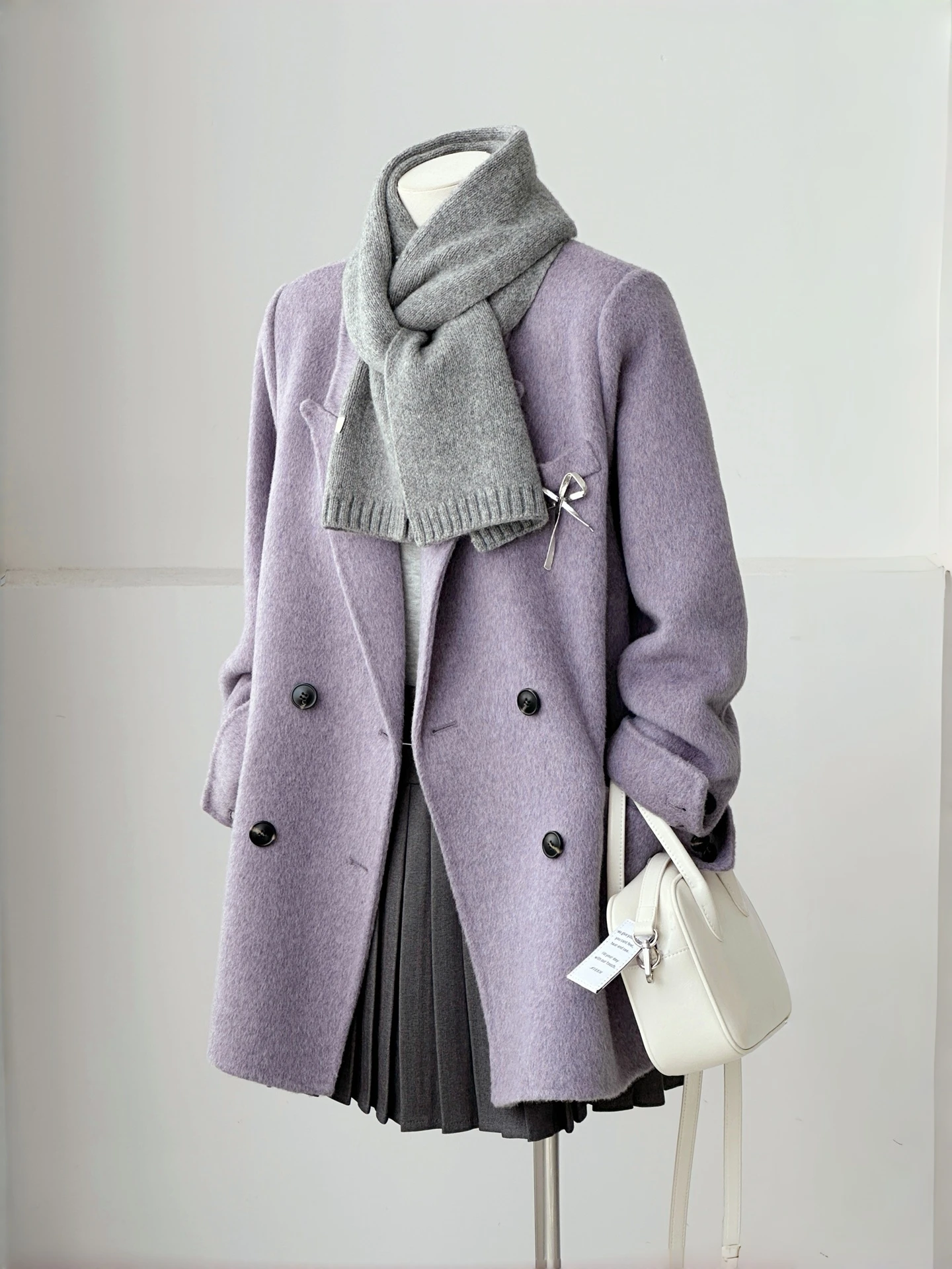 Purple Woolen Suit Double-Sided Woolen Coat Women's Autumn Winter Double-Buttoned Miniature Simple Commuter Style Woolen Jacket