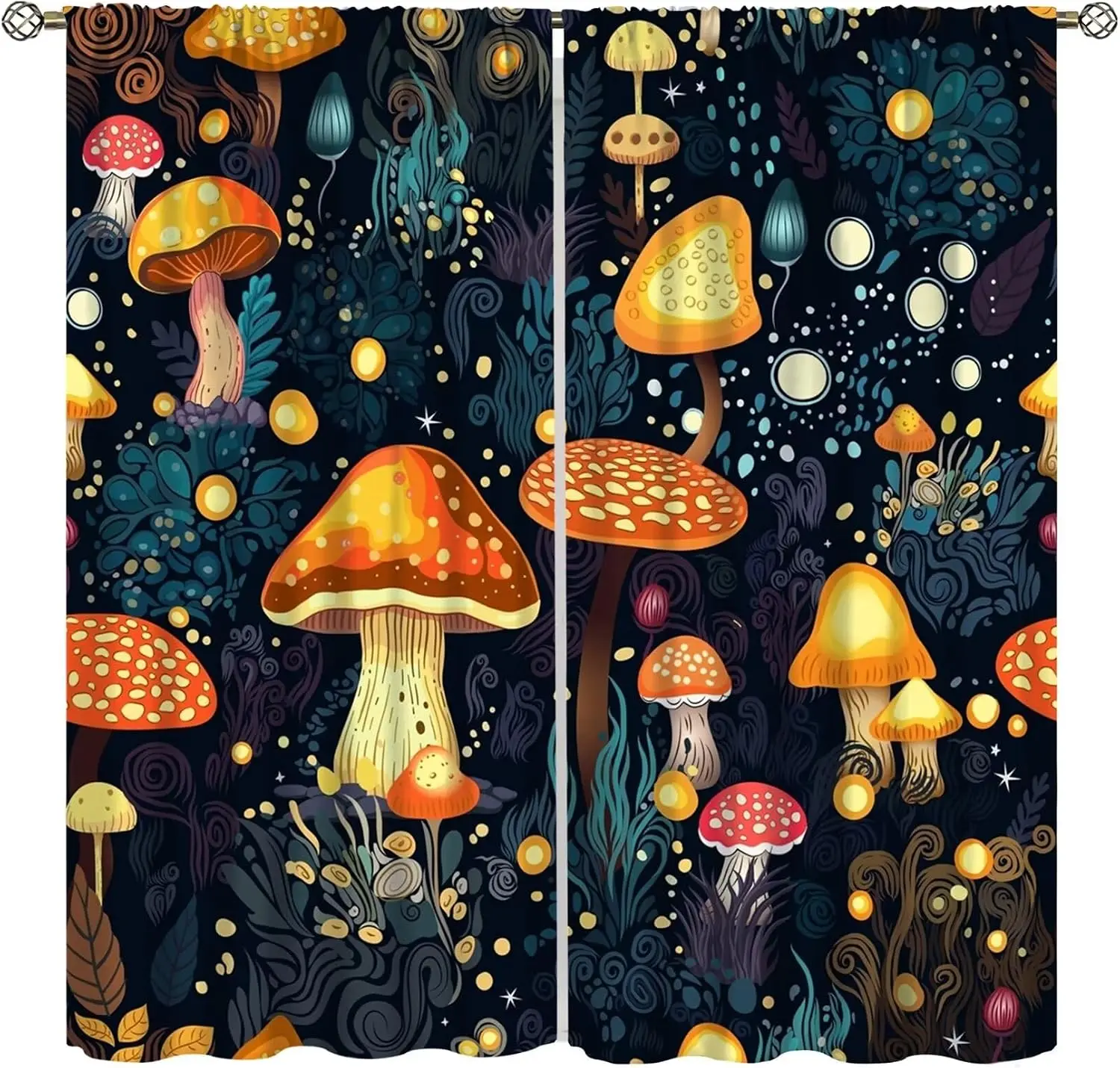 Dark Whimsical Mushroom Curtain 2 Panels, Orange Red Toadstool Swirl Leaf Glowing Dot Black Print, Drapes for Kitchen Cottage
