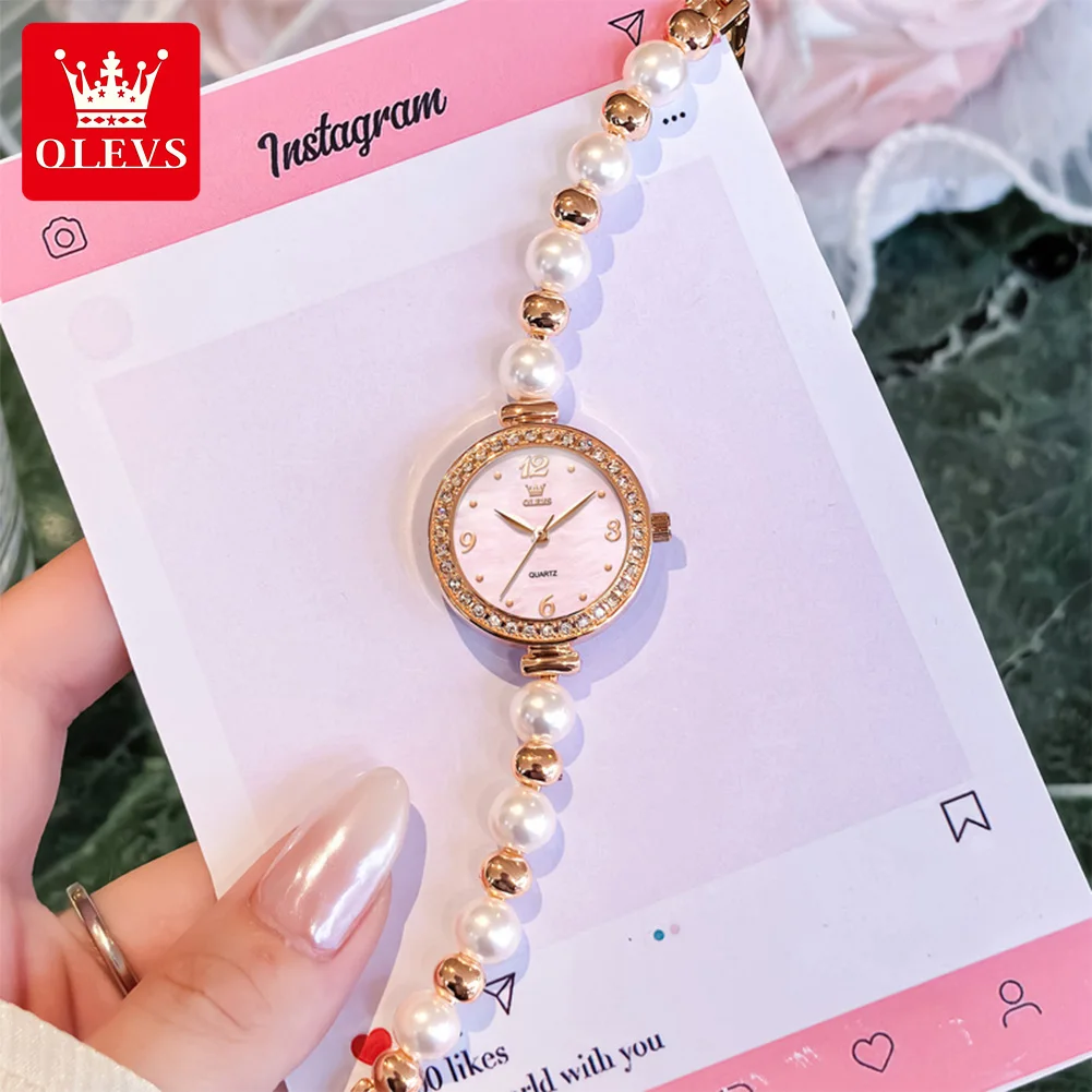 OLEVS 5640 Fashion Original Women Quartz Watch Classic Luxury Pearl Bracelet Waterproof Diamond Bezel Clock Women Dress Watch