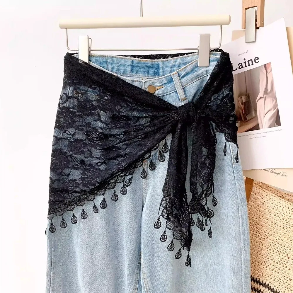 Fashion Sheer Mesh Hip Scarf Tassel Fringe Triangle Waist Belt Scarf Floral Print Lace Waist Scarf For Women