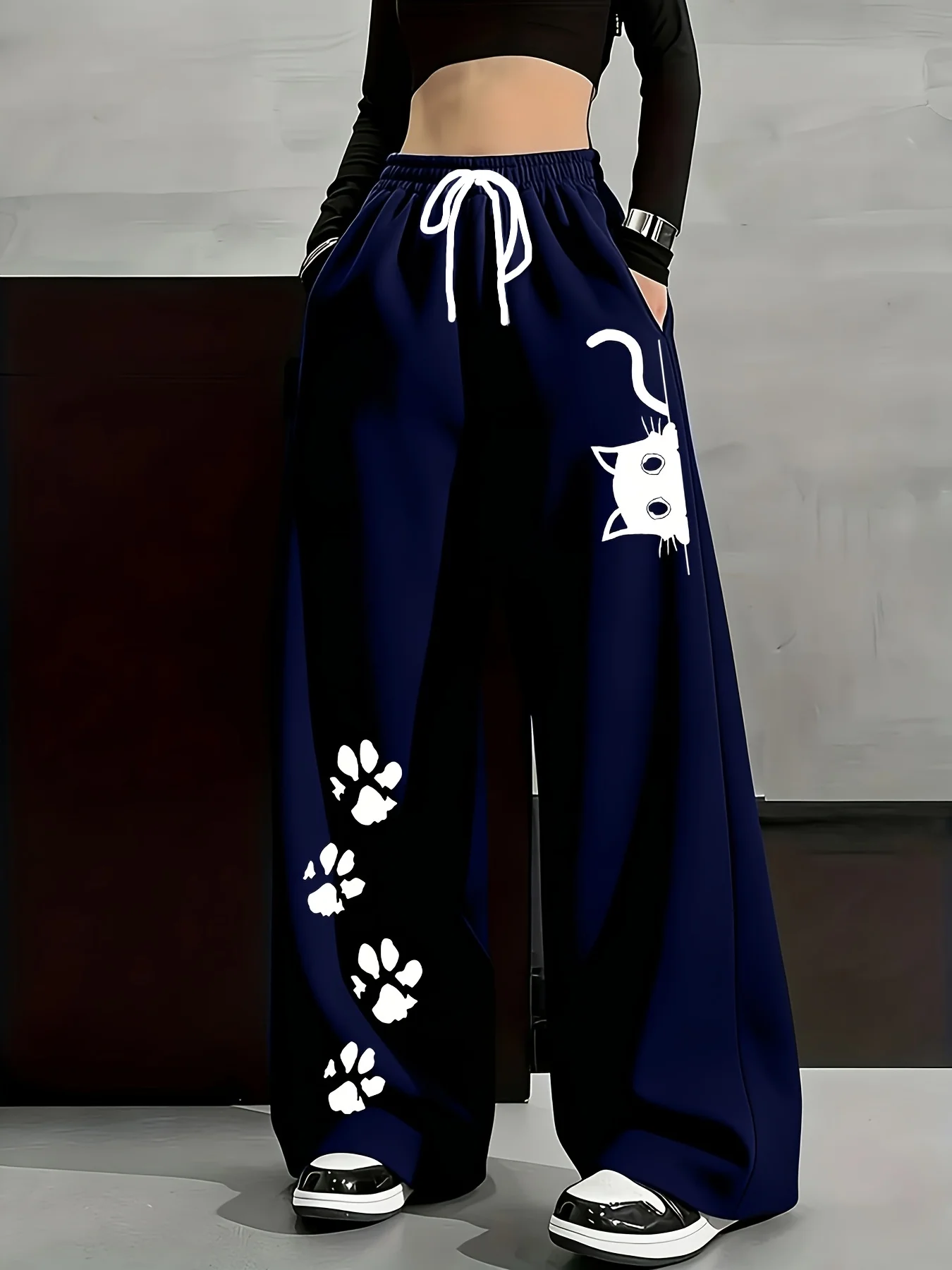 2026 Summer Kids Quick Dry Loose Pants Brown White Cat & Paw Print Drawstring Elastic Waist Casual Fashion Streetwear Trousers