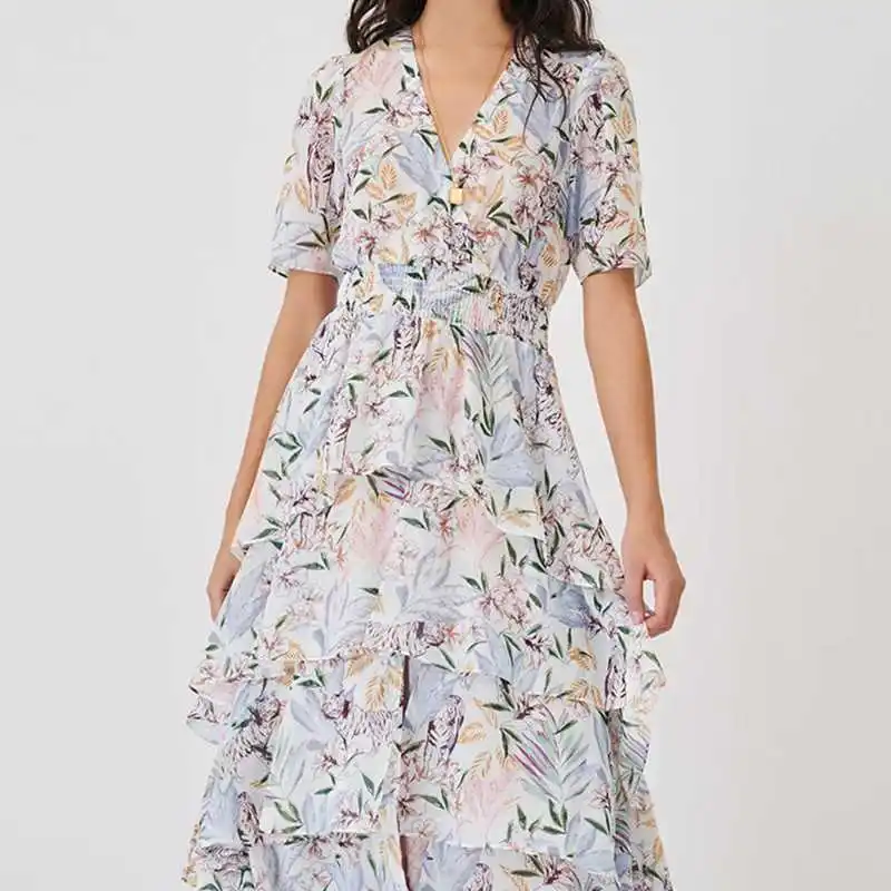 春夏の新作レディースフレンチジャングルプリントカジュアルファッション長袖ハイウエスト花柄通勤スタイルフェアリースカートドレス
