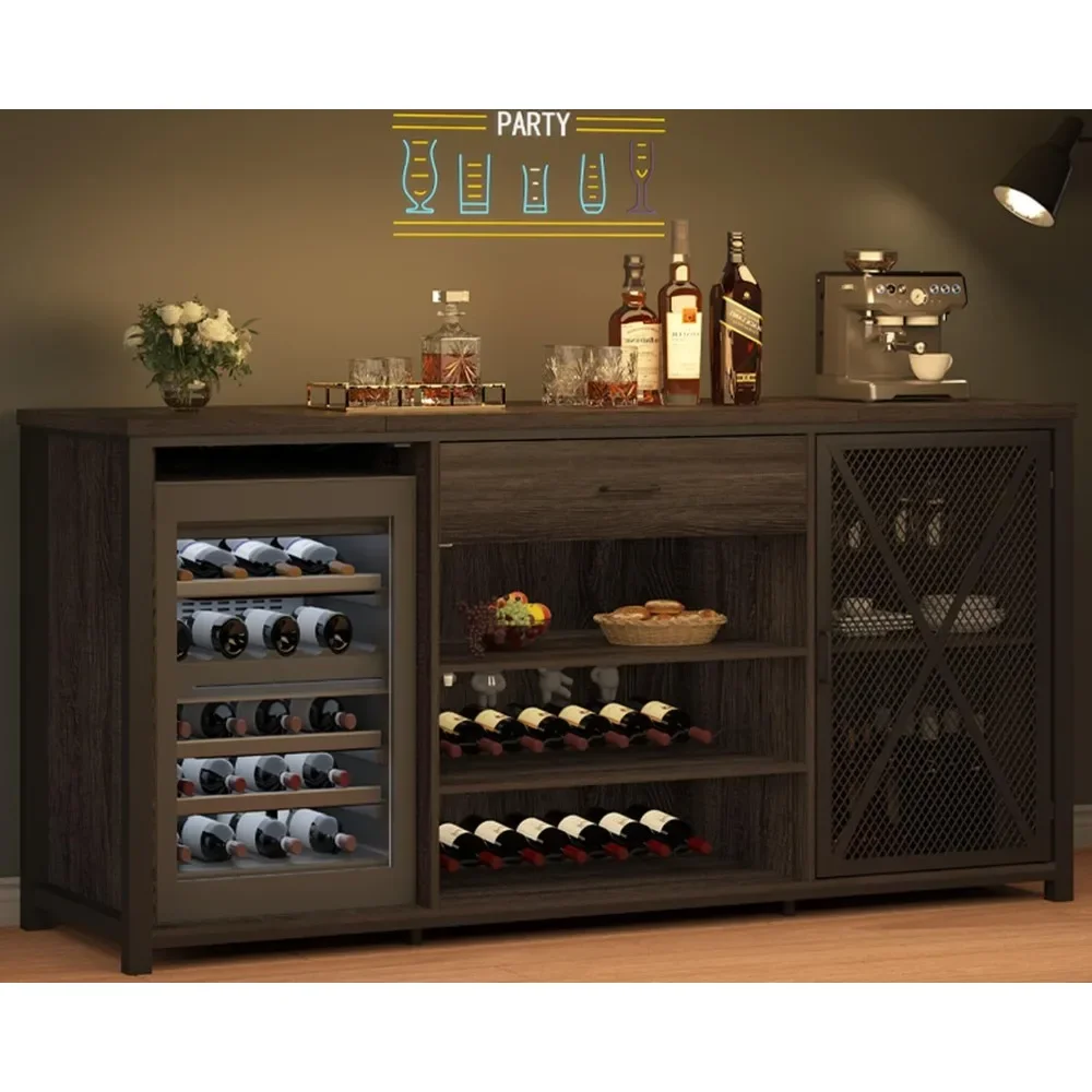 

Bar Cabinet with Fridge Space, Farmhouse Big Liquor Cabinets with Drawer Storage, Rustic Wood Metal Large Wine Cabinet