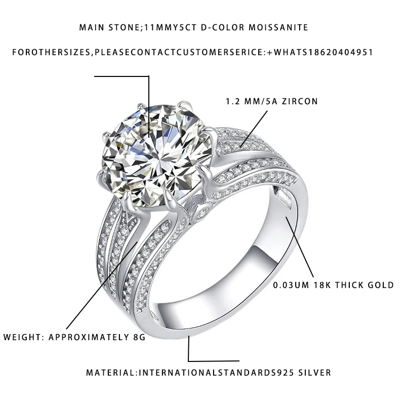 

11MM D-Color Moissanite Ring S925 Silver 18K Gold Plated 5A Zircon Luxury Engagement Wedding Band Fine Jewelry for Women