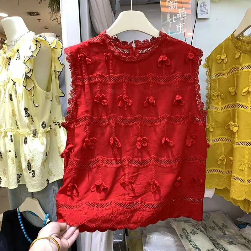 2025 Summer New High-end European Products Loose and Thin Sleeveless Lace Bow Foreign Style Shirt For Women