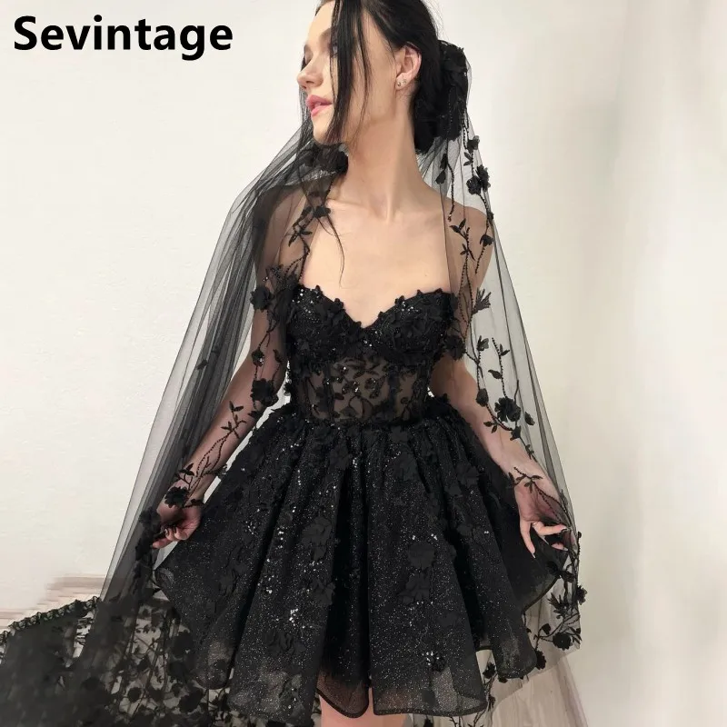 

Sevintage Shinning Black Mini Corset Wedding Dress Women Above Knee Bride Party Dress Appliques A-line Bridal Gowns 2024