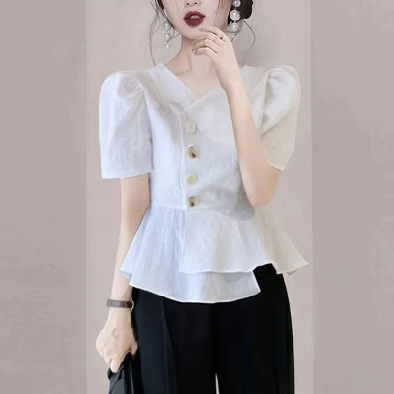 Office Lady Korean Fashion Summer Women\'s Solid Color V-Neck Chiffon Pullover Ruffles Button Short Sleeve T-shirt Elegant Tops