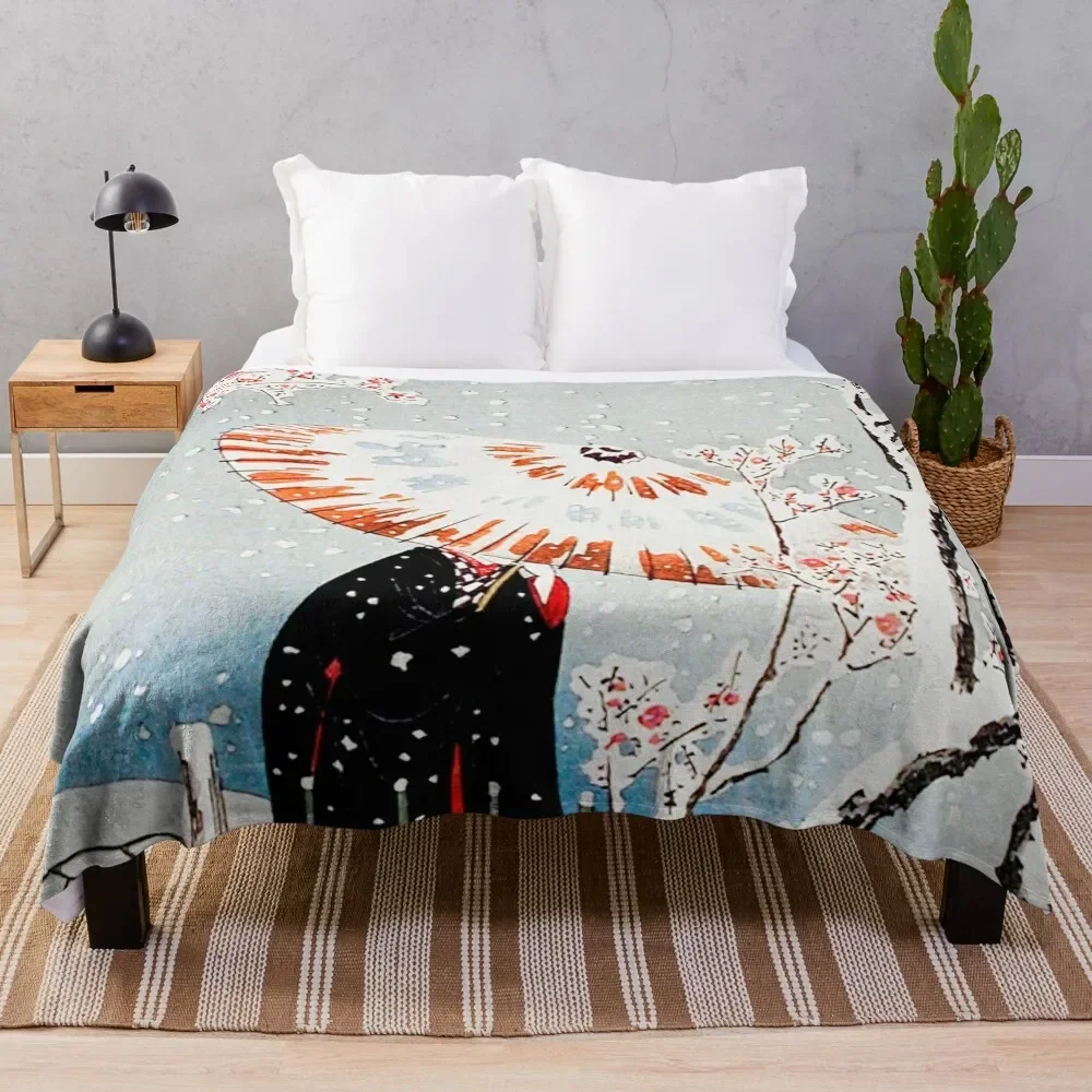 

Plum Tree in Snow Throw Blanket Decorative Beds Winter beds Blankets
