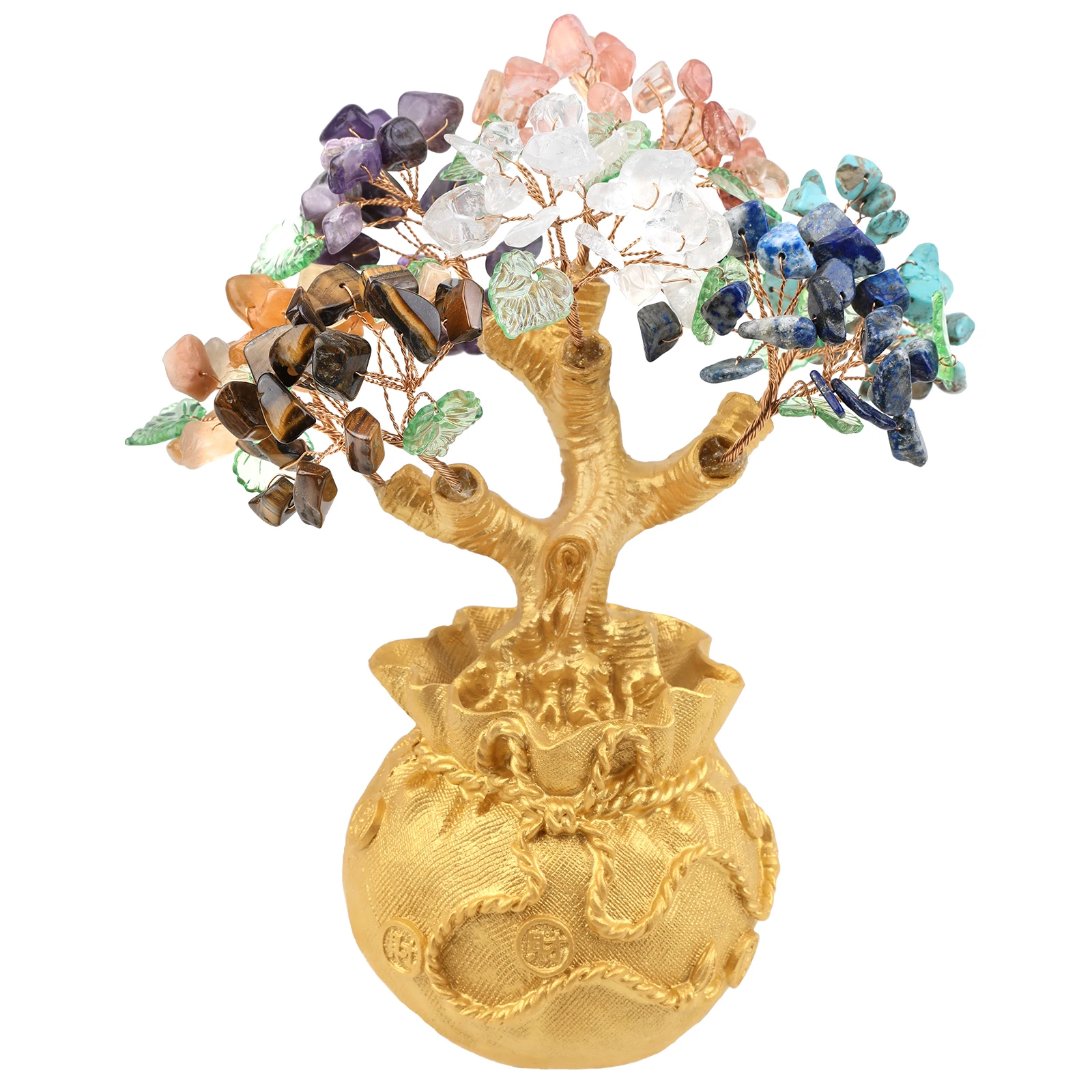 TUMBEELLUWA Lucky Money Tree Gold Color Moneybag Base Natural Crystal Gravel Minerals Bonsai Style Feng Shui Wealth Ornaments