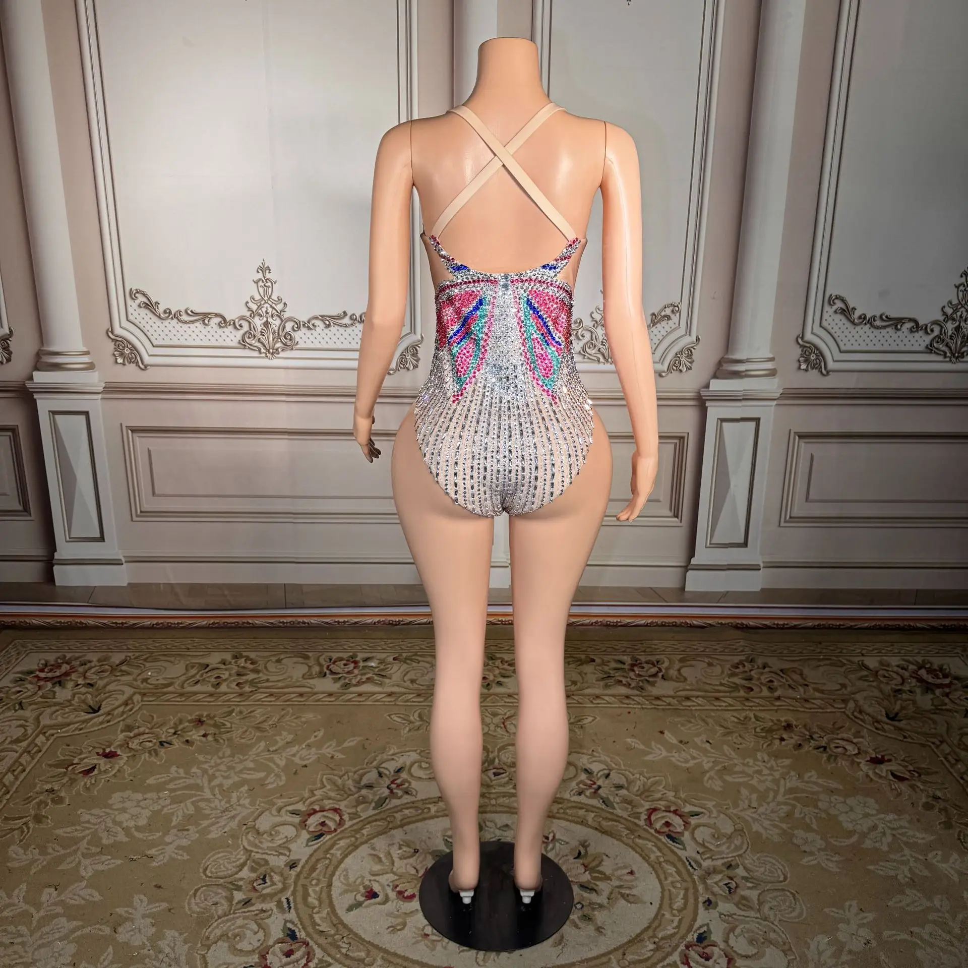 Colorful Rhinestone Deep V-neck Halter Top Open Front Swimming Suit for Summer Beach and Seaside Vacation Bikini Attire
