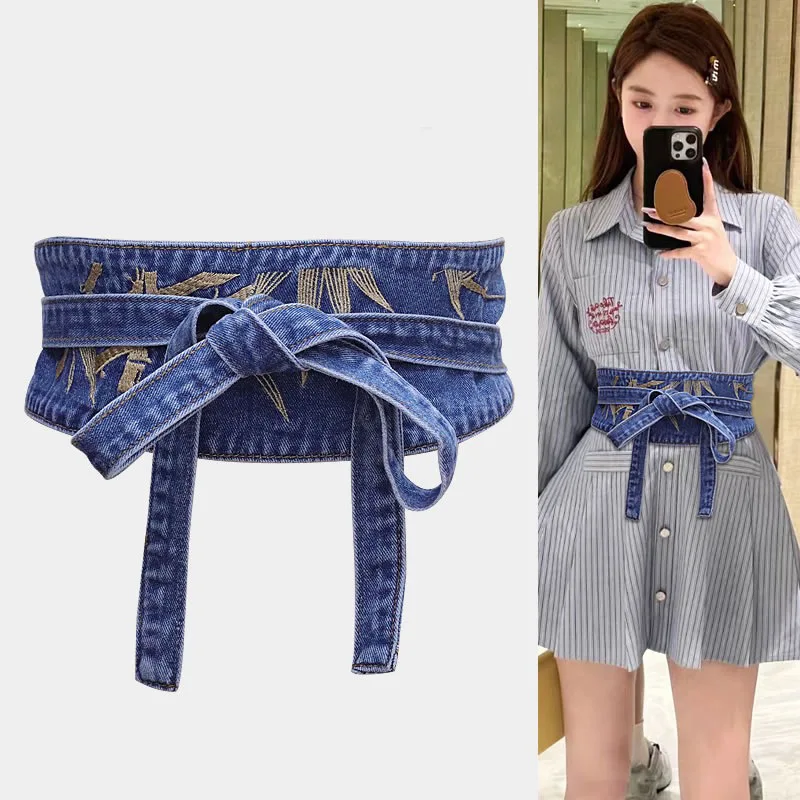 Fashion Waist Belt for Women Denim Wide Dress Belts Self Tie Wrap Around Embroidered Waist Band Luxury Brand Corset Cinch Belts