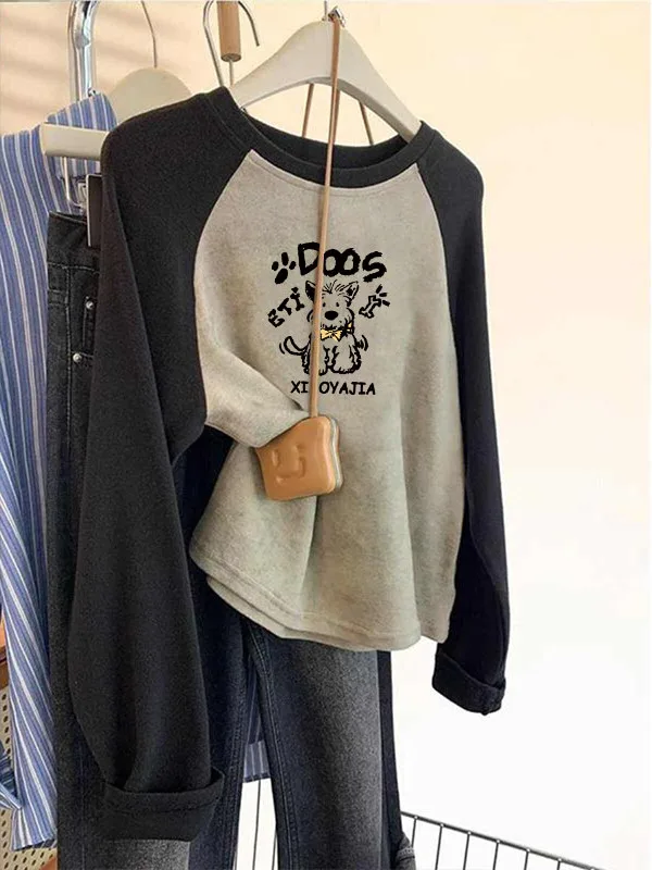 Happy Little Dog Stampa oulder Sve round Ne Felpa da donna Primavera Autunno 2025 Nuovo ular Colore Blo Hatl Lungo...