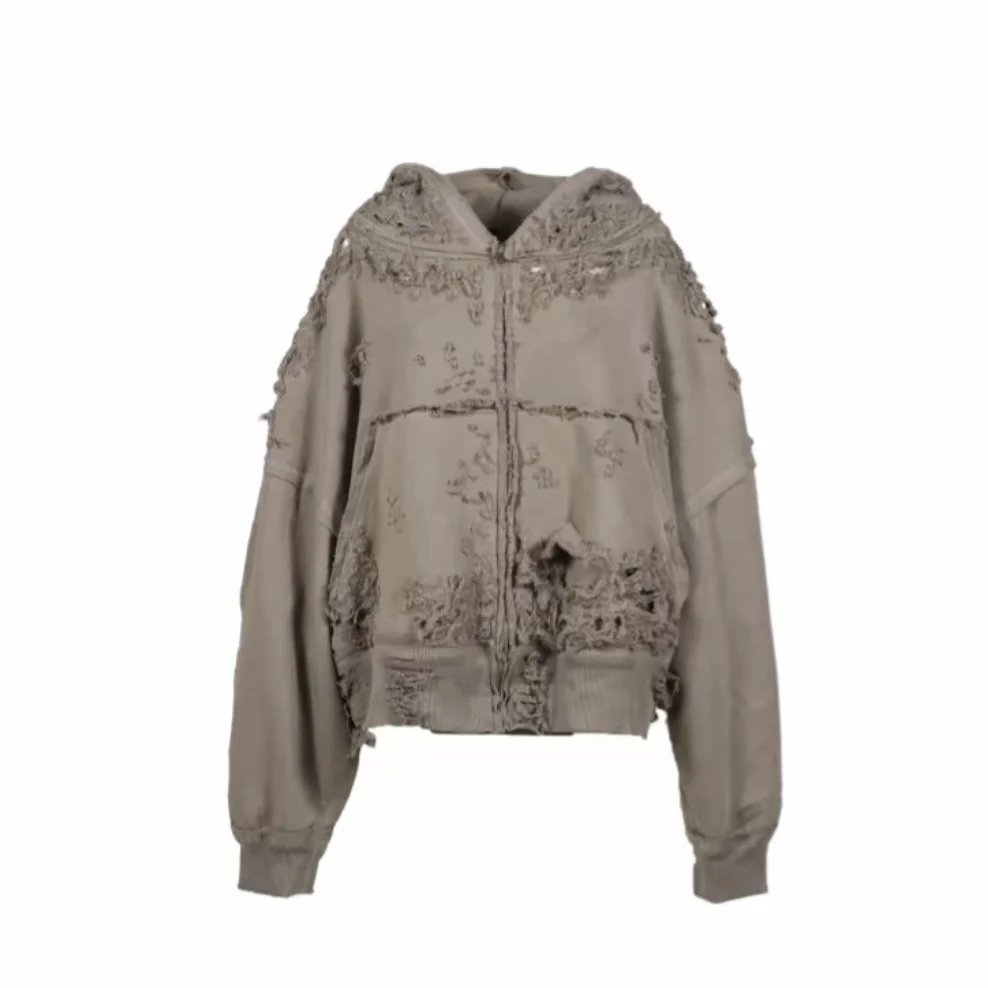 Distressed Frayed Zip Up Hooded Jacket Unisex Washed Vintage Loose Fit Casual Streetwear Outerwear Coat
