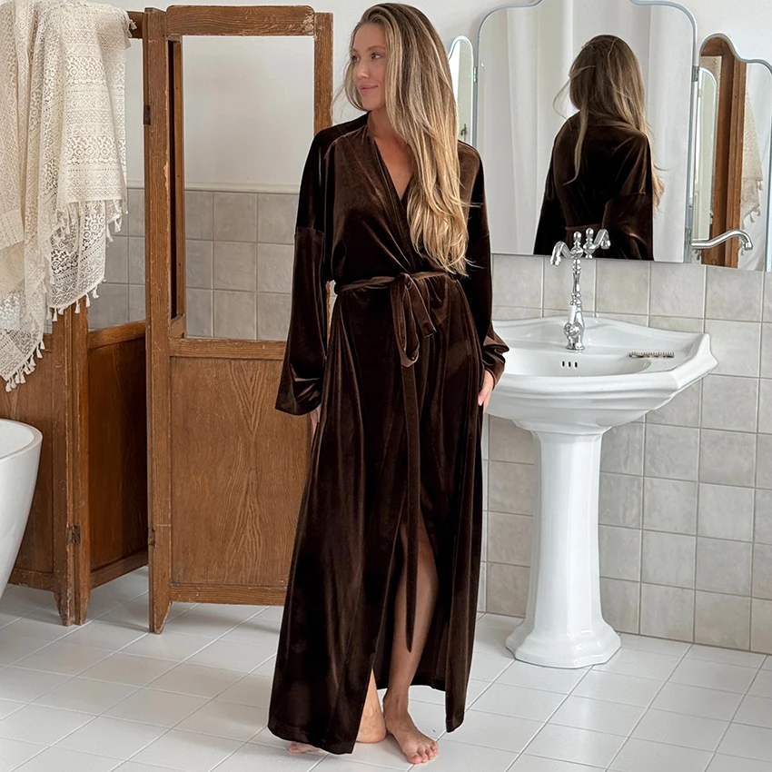 Brown Elegant Velvet Knitted Elastic Woman'S Long Robes Loose Long Sleeve V-Neck Wrap Lace-Up Ankle-Length Nightgowns 2026 Fall