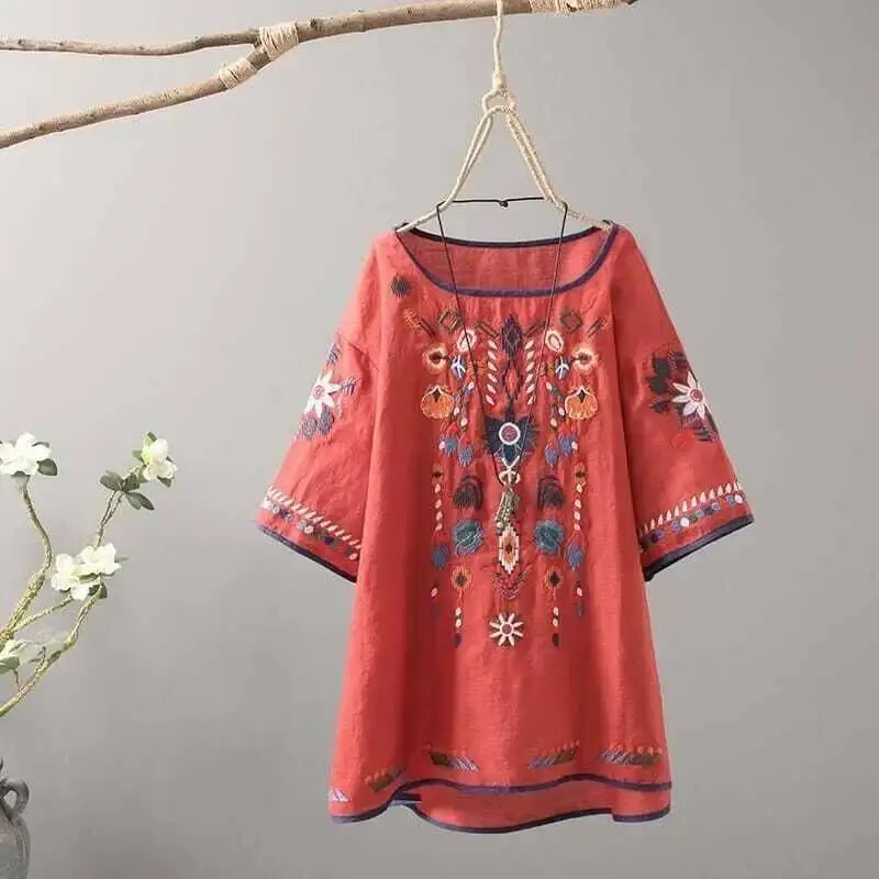 刺繍花柄 Tシャツ女性中国風クラシックルーズシャツカジュアルヴィンテージ O ネック半袖夏ブラウストップス