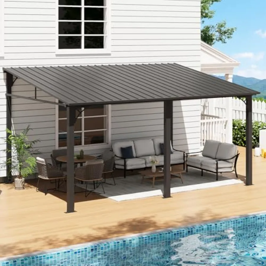 10' X 14' Lean-to Gazebo Pergola with Sloping Roof for Patio, Black Steel, Weather-resistant Hardtop, Wall-mounted Heavy-duty A