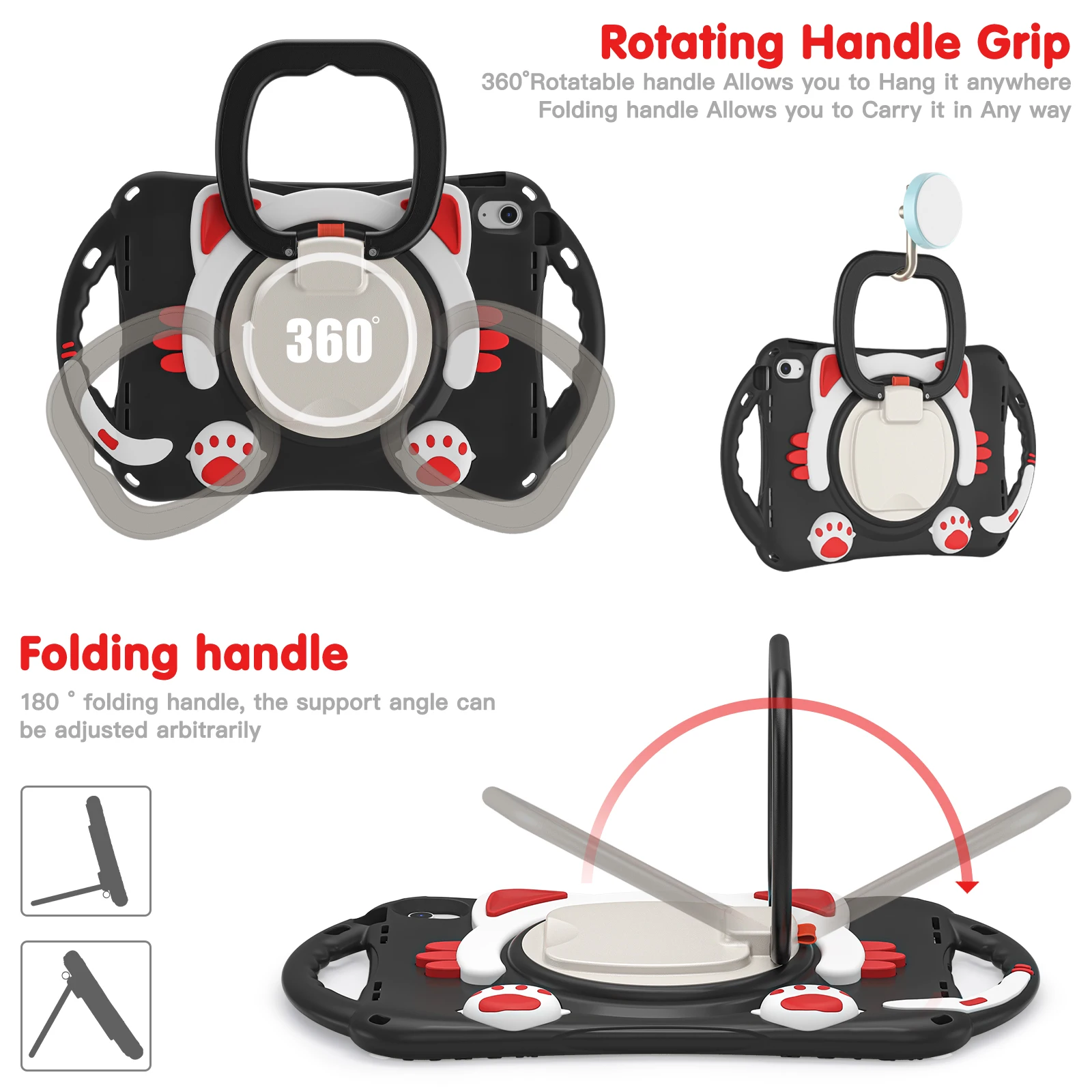Rotationsständer-Tablet-Hülle für iPad Pro 11, Air 4, 5, 6, 7, 8, 9, 10. Generation, Mini-Katzen-Stil, stoßfester Griff, harte Abdeckung