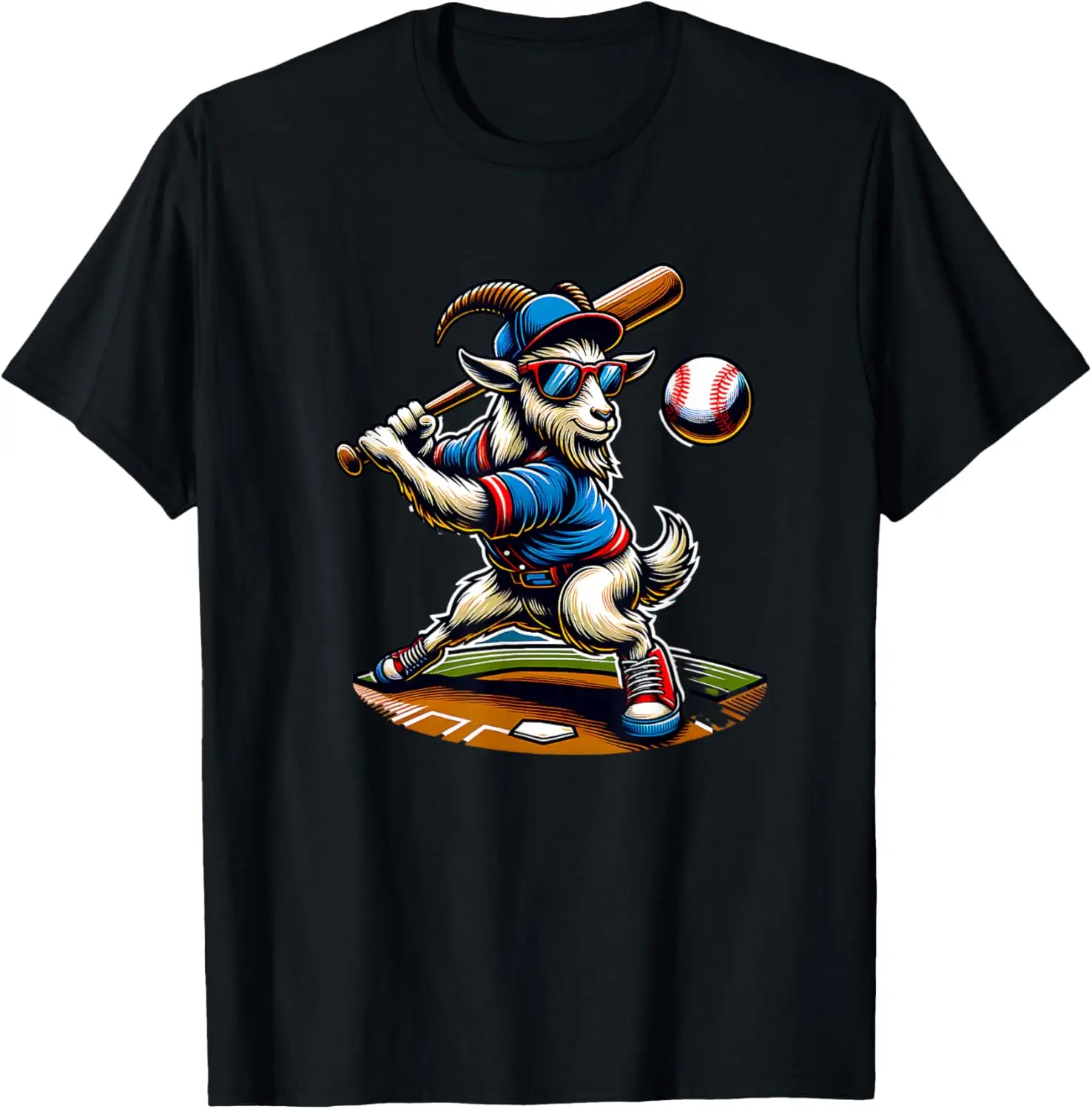 Goat Baseball Player Batter Graphic Tee Cool Animal Sports Cotton T-Shirt for Men
