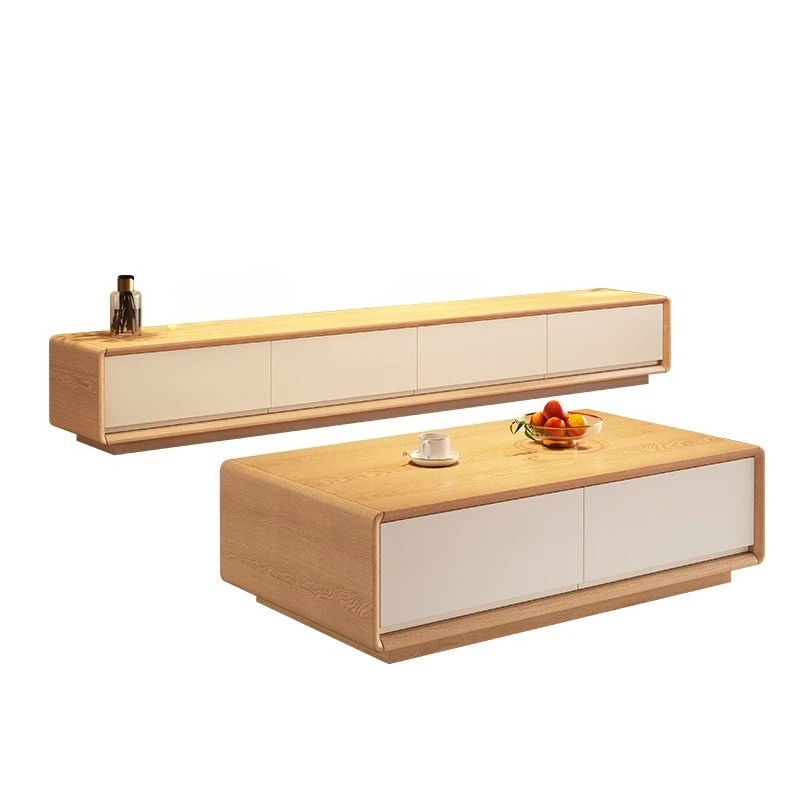

Modern simple solid wood cream wind TV cabinet coffee table combination rounded corner new living room floor cabinet