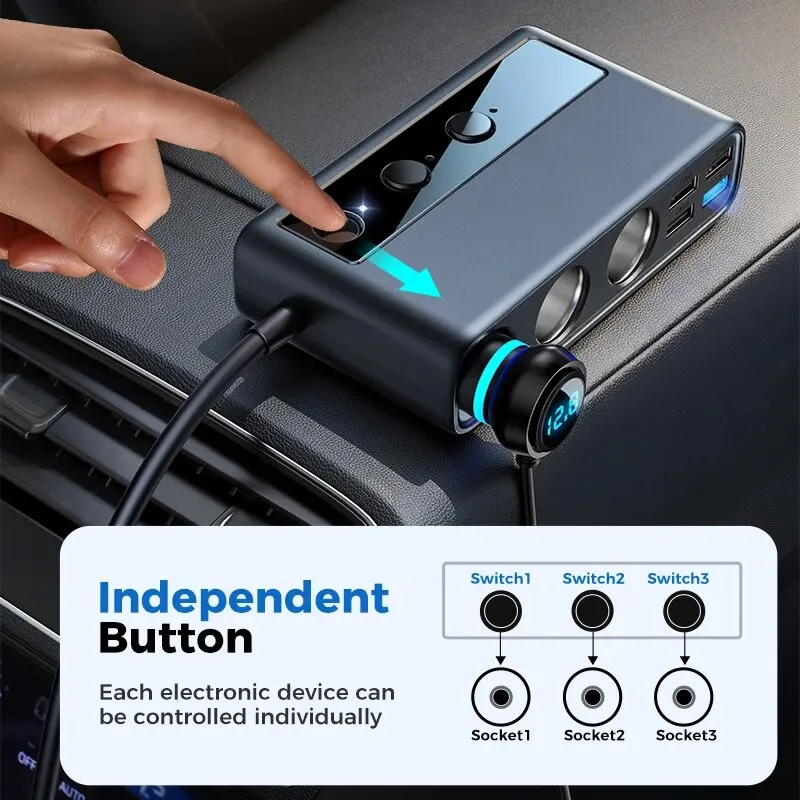 Joyroom 154W 9 in 1Car Charger Adapter PD 3 Socket Cigarette Lighter Splitter Charge Independent Switches DC Cigarette Outlet