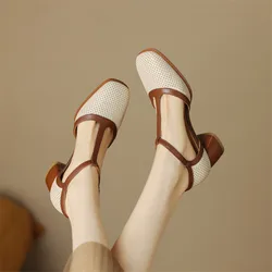 2023 New Summer Sandals Square Toe Chunky Heel Hollow Out Sandals for Women French Retro Women Sandals Mixed Color Ladies Shoes